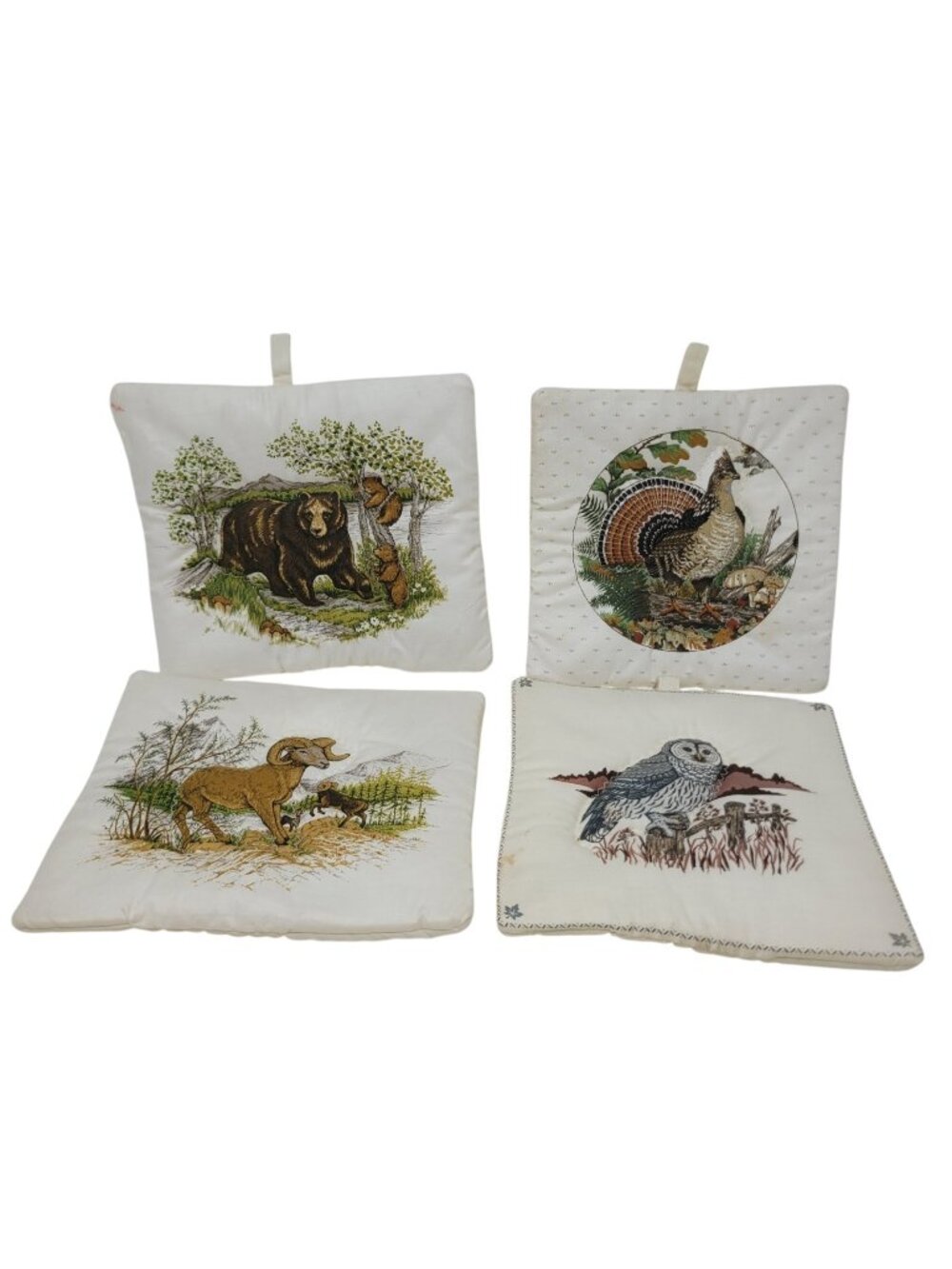 Set 4 Vintage Animal Rustic Enchanted Cottage Pot Holders Hot Pads Owl Ram Bear